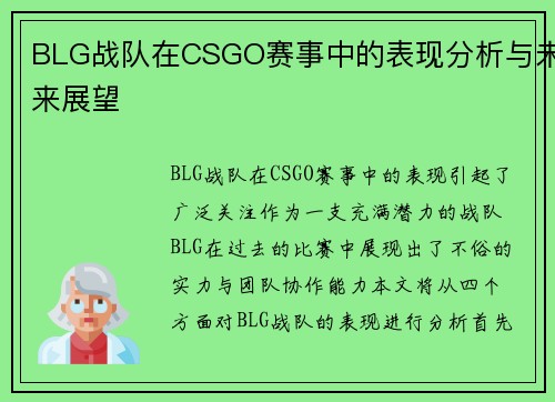 BLG战队在CSGO赛事中的表现分析与未来展望